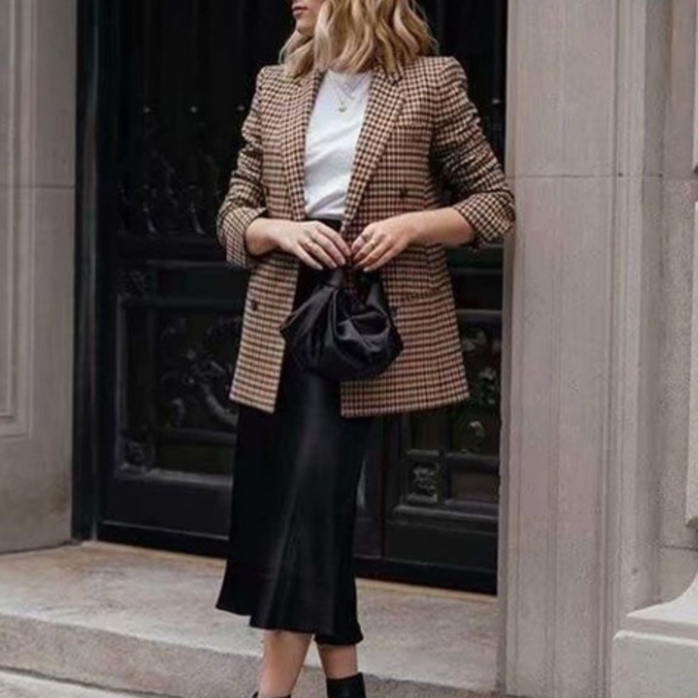 Tweed houndstooth blazer jacket classic camel tan